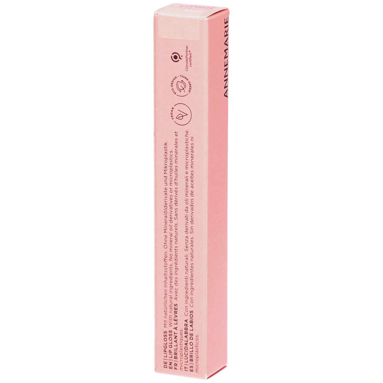 Rosa Verpackung von ANNEMARIE BÖRLIND Lipgloss. Text: Ohne Mineralöl, ohne Mikroplastik. Mit natürlichen Inhaltsstoffen.
