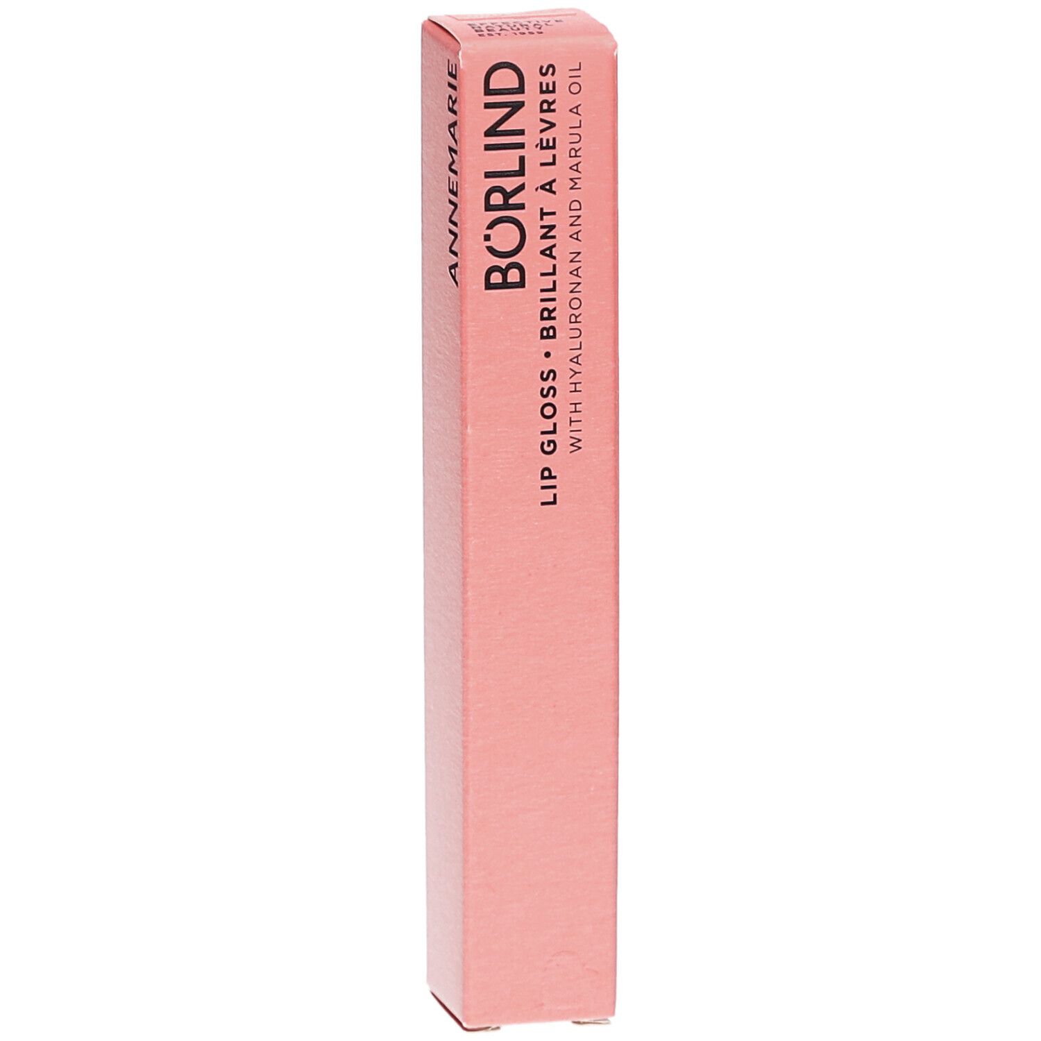 Rosa Verpackung von ANNEMARIE BÖRLIND Lipgloss. Text: LIP GLOSS, BRILLANT À LÈVRES, WITH HYALURONAN AND MARULA OIL.