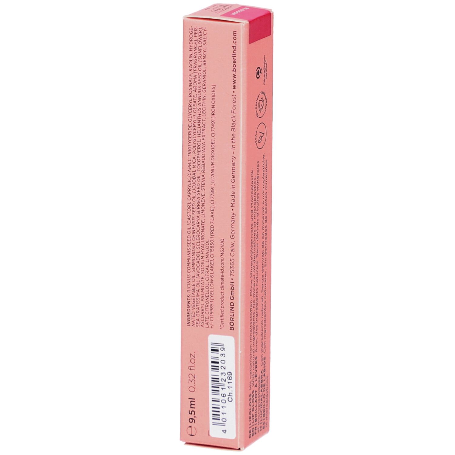 Rosa Verpackung mit Text. Text: Inhaltsstoffe, 9,5ml, 0.32 fl oz. Hergestellt in Deutschland. Zertifiziertes Produkt.