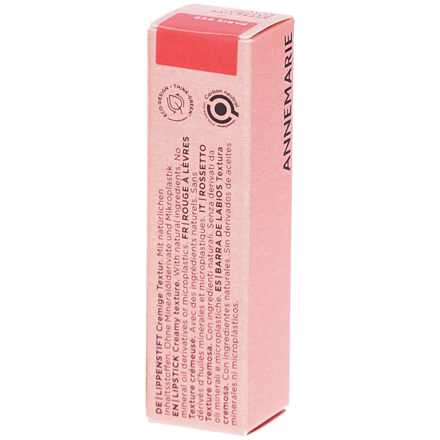 Rosa Kartonverpackung mit Text. Schriftzug: ANNEMARIE, DE Lippenstift Cremige Textur. FR Rouge à Lèvres Texture crémeuse. IT Rossetto Texture cremosa.