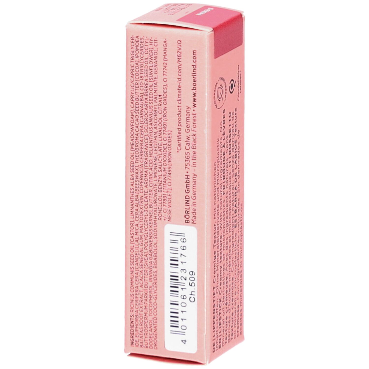 Rosa Lippenstift-Verpackung. Text: Inhaltsstoffe, Ch 509. BÖRLIND GmbH, Made in Germany.