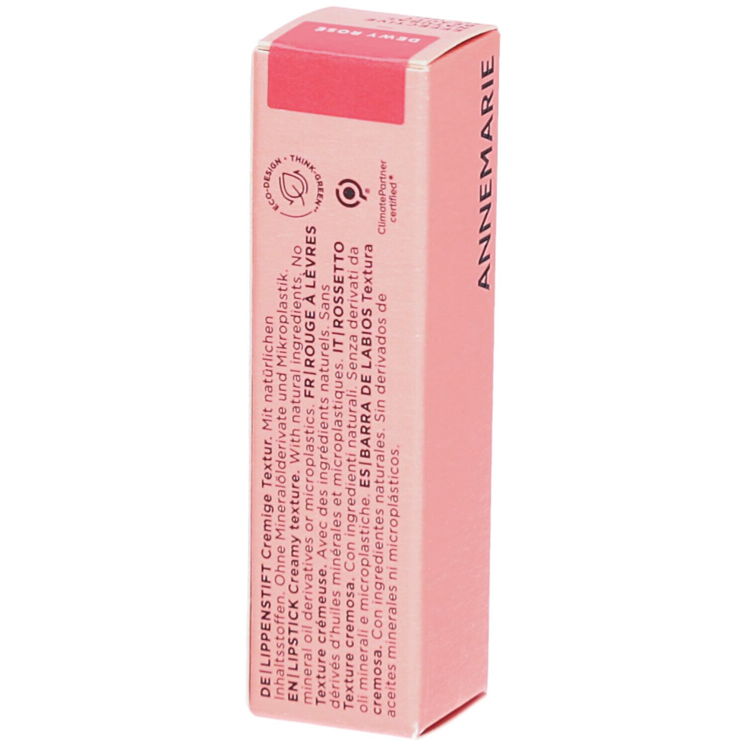 Rosa Lippenstift-Verpackung. Text: DE LIPPENSTIFT Cremige Textur. IT ROSSETTO Texture cremosa. Zertifizierungen.