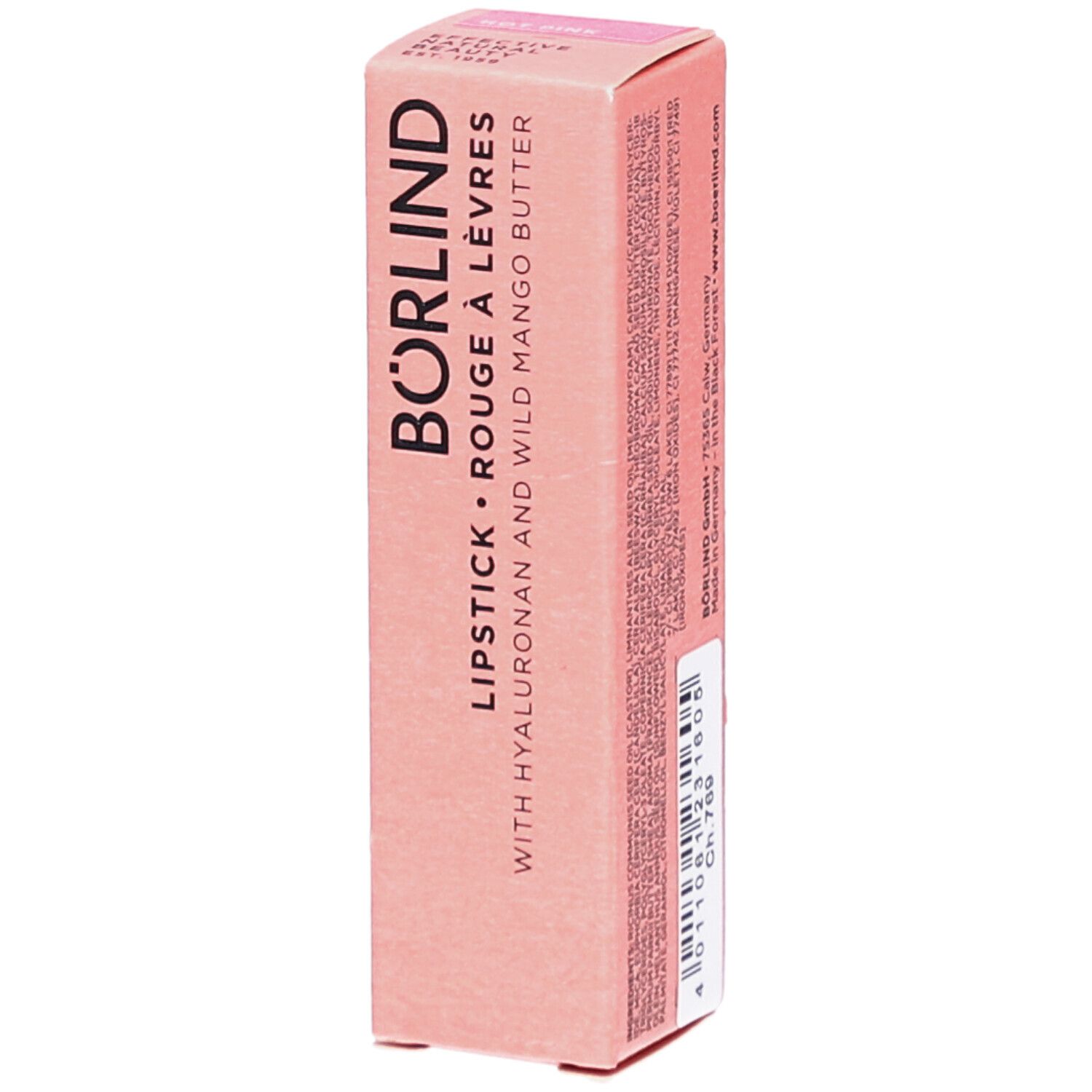 BÖRLIND Lippenstift-Verpackung, rosa. Schriftzug: LIPSTICK ROUGE À LÈVRES, Hyaluron und Wild Mango Butter. Marke sichtbar.