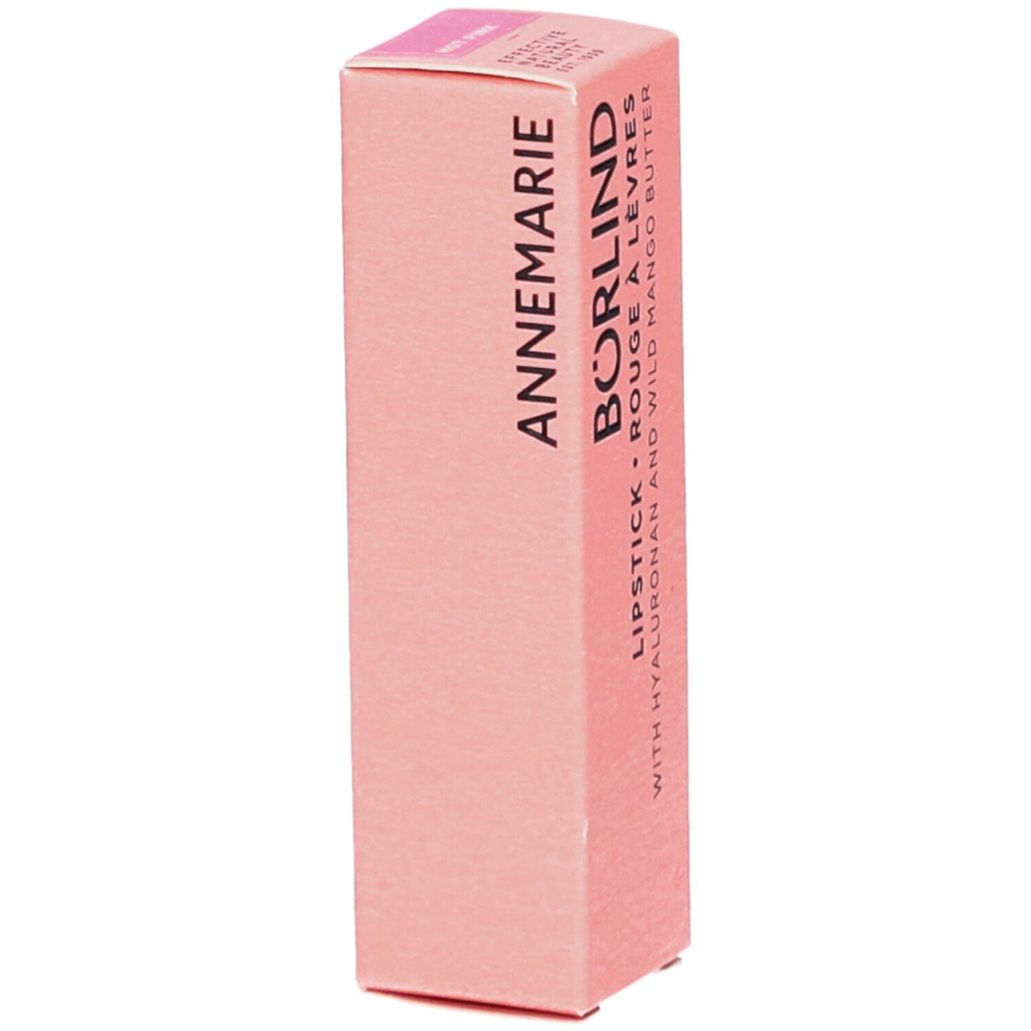 Rosa Lippenstift-Verpackung. Schriftzug: ANNEMARIE BÖRLIND LIPSTICK ROUGE À LÈVRES, Hyaluron und Wild Mango Butter. Marke sichtbar.