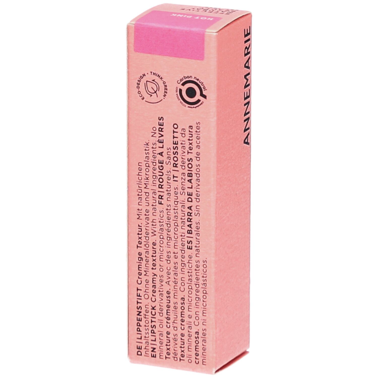Rosa Lippenstift-Verpackung. Text: DE LIPPENSTIFT Cremige Textur. Öko-Design-Logo. Text in Deutsch, Englisch, Französisch, Italienisch, Spanisch.
