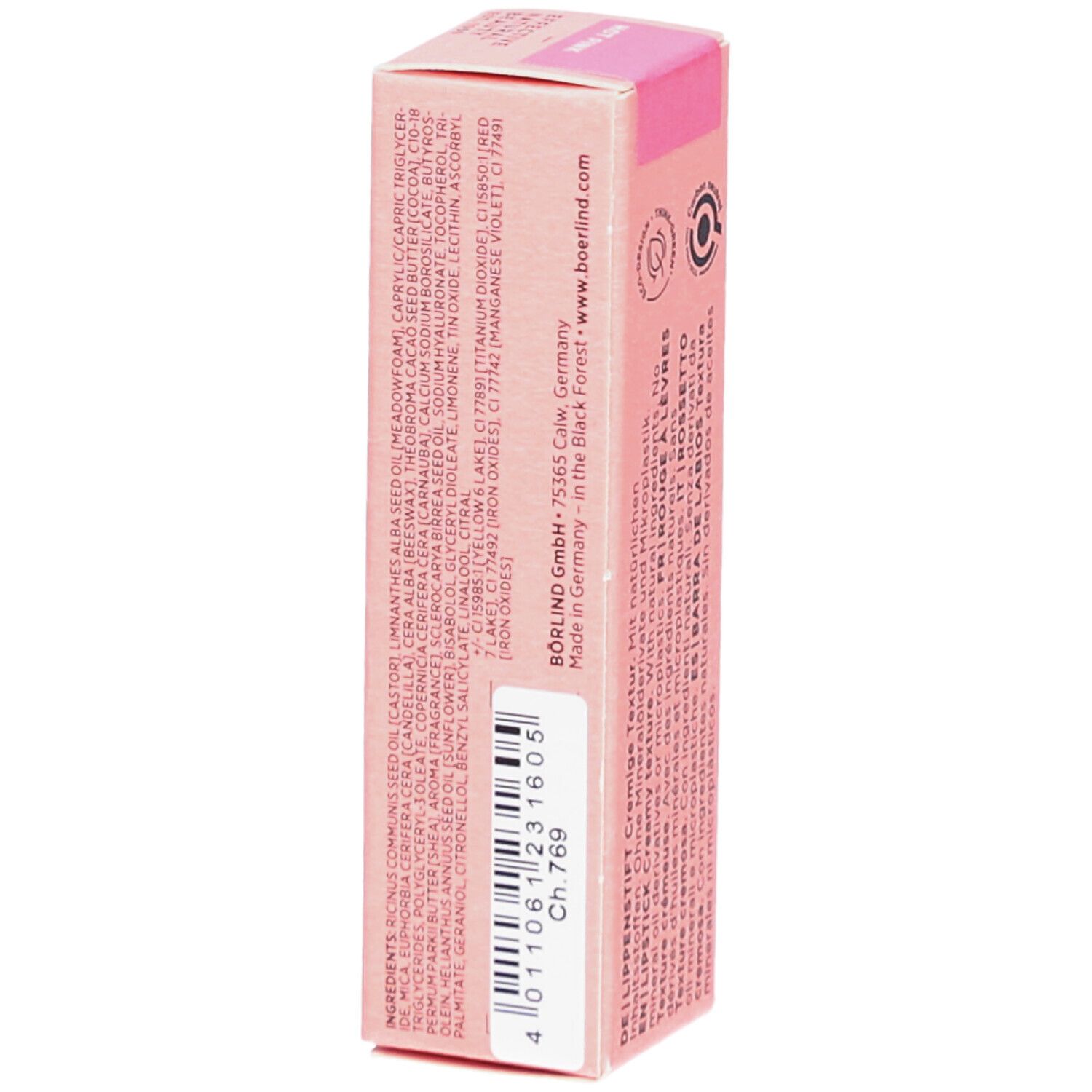Rosa Lippenstift-Verpackung. Text: Inhaltsstoffe, Made in Germany. Barcode und Chargennummer. Marke BÖRLIND sichtbar.