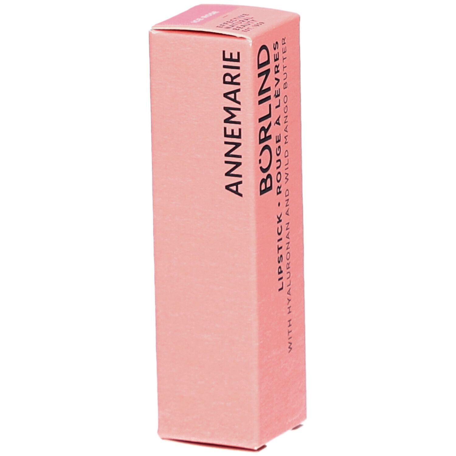 Rosa Lippenstift-Verpackung. Schriftzug: ANNEMARIE BÖRLIND, LIPSTICK ROUGE À LÈVRES, mit Hyaluron und Wild Mango Butter.