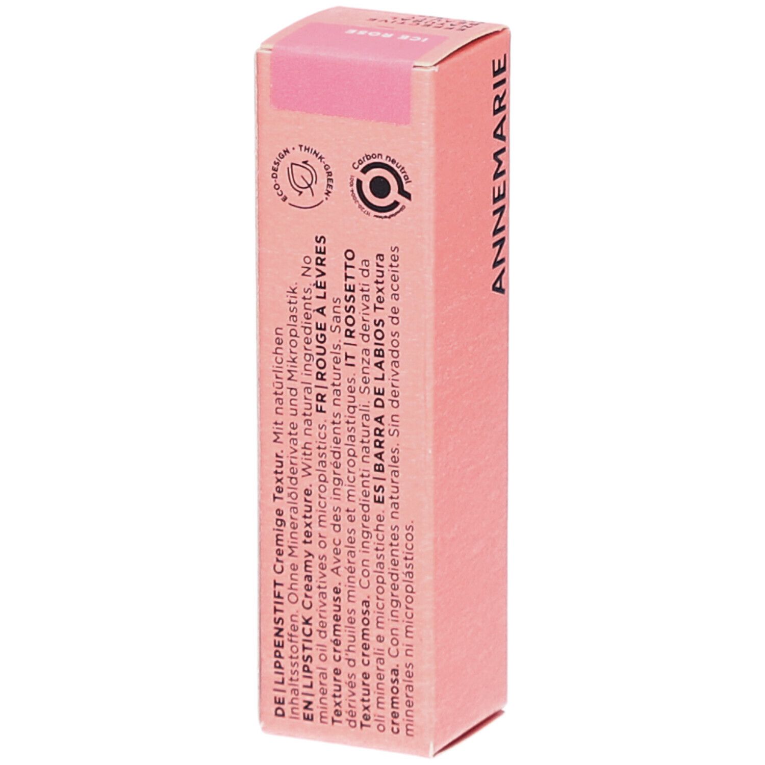 Rosa Lippenstift-Verpackung. Schriftzug: ANNEMARIE, Lippenstift, cremige Textur. Text in Deutsch, Englisch, Französisch, Italienisch, Spanisch.