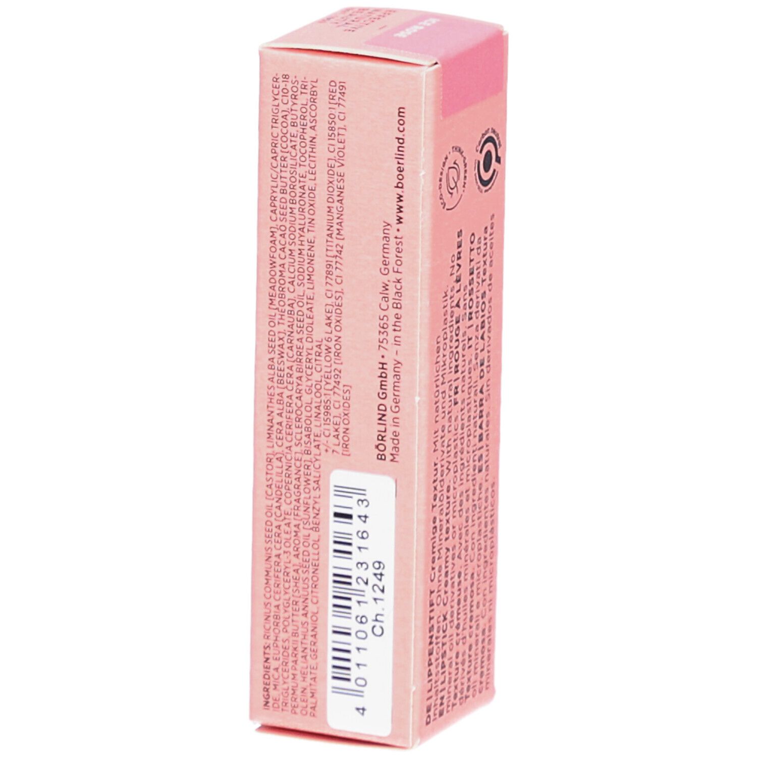 Rosa Lippenstift-Verpackung. Aufdruck mit Inhaltsstoffen, Herstelleradresse und Logos. Barcode mit Nummer.