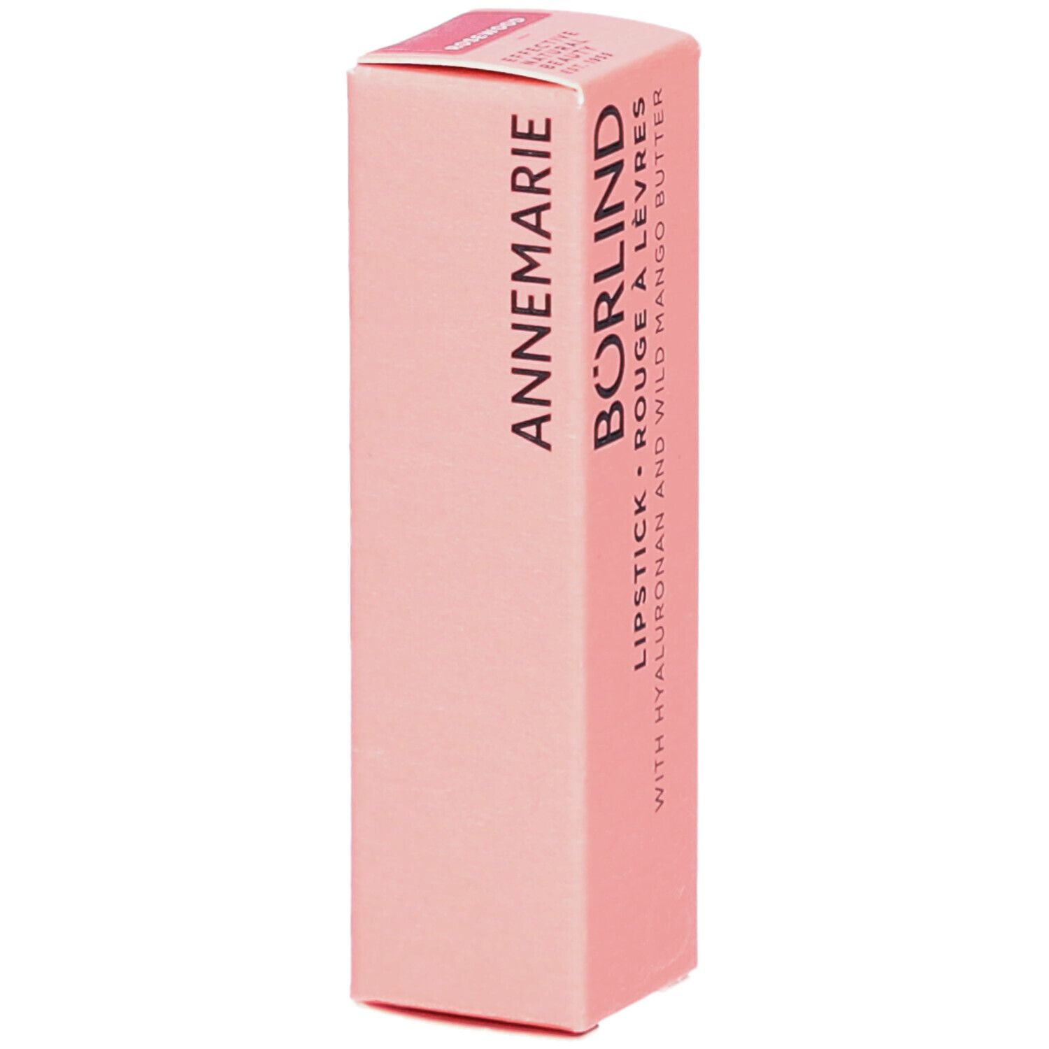 Rosa Lippenstift-Verpackung. Aufschrift: ANNEMARIE BÖRLIND, LIPSTICK, ROUGE À LÈVRES, mit Hyaluron und Mango-Butter.