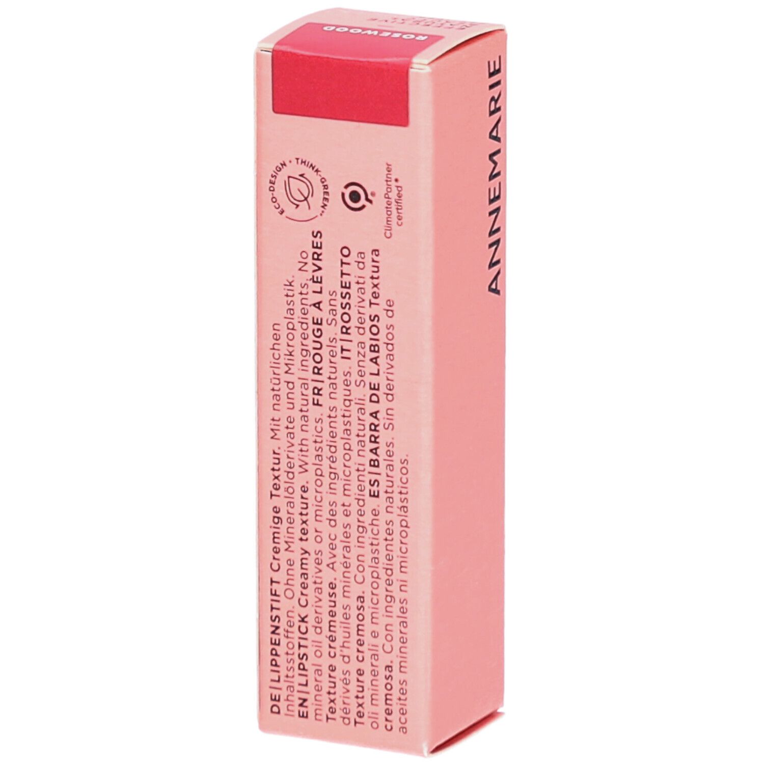 Rosa Lippenstift-Verpackung. Aufschrift: Rosewood. Textur: Cremig. Zertifizierung: Eco-Design, ClimatePartner.