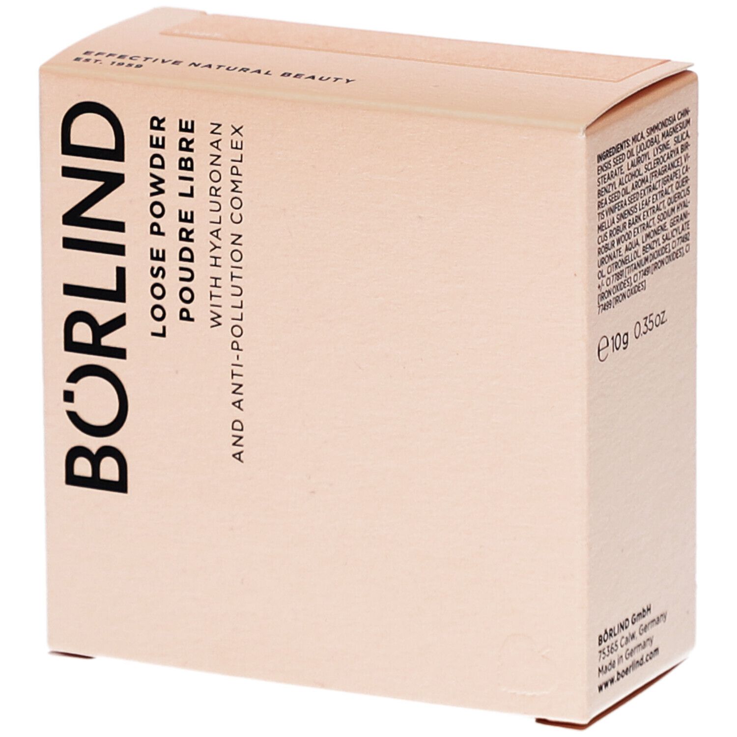 Karton mit Aufschrift BÖRLIND, LOOSE POWDER, POUDRE LIBRE, mit Hyaluron und Anti-Pollution Complex. Beige Farbton.