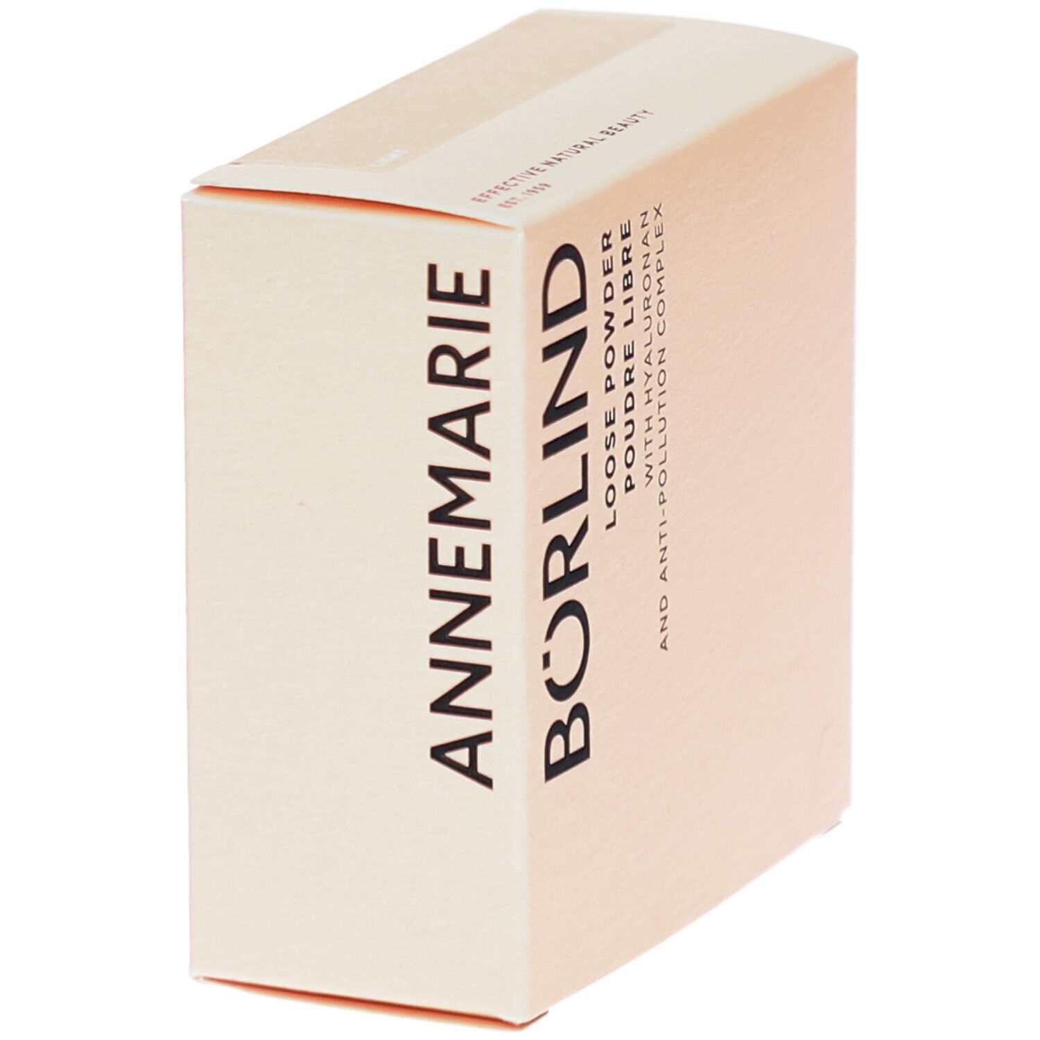 Beige Karton mit Aufschrift ANNEMARIE BÖRLIND, LOOSE POWDER, POUDRE LIBRE, mit Hyaluron und Anti-Pollution Complex.