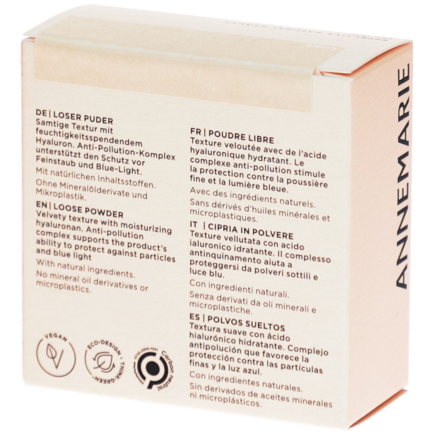 Rückseite der Verpackung mit Text in Deutsch, Englisch, Französisch, Italienisch und Spanisch. Vegan- und Eco-Design-Siegel.