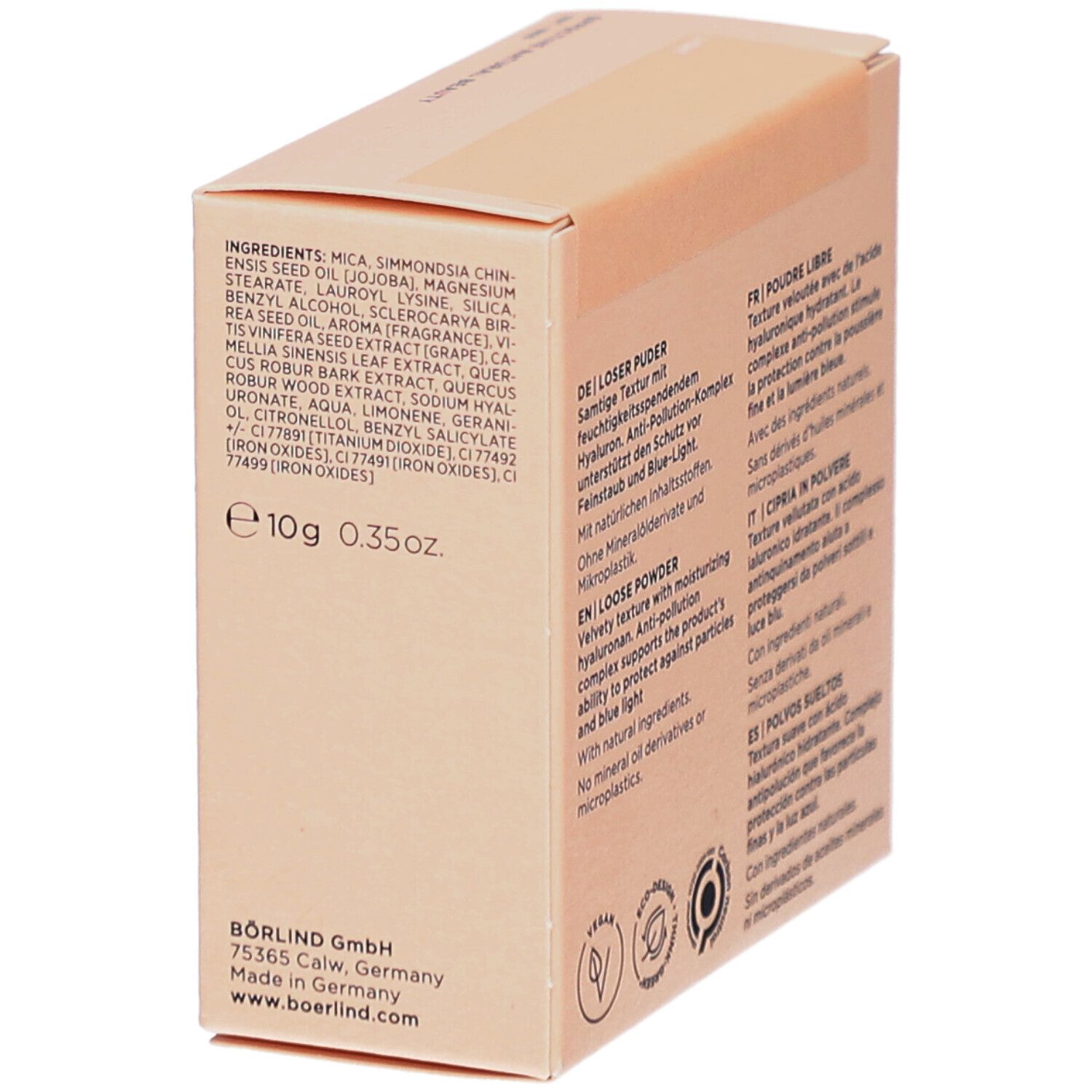 Karton mit Inhaltsstoffen, Text in Deutsch und Französisch. e10g 0.35oz. BÖRLIND GmbH.