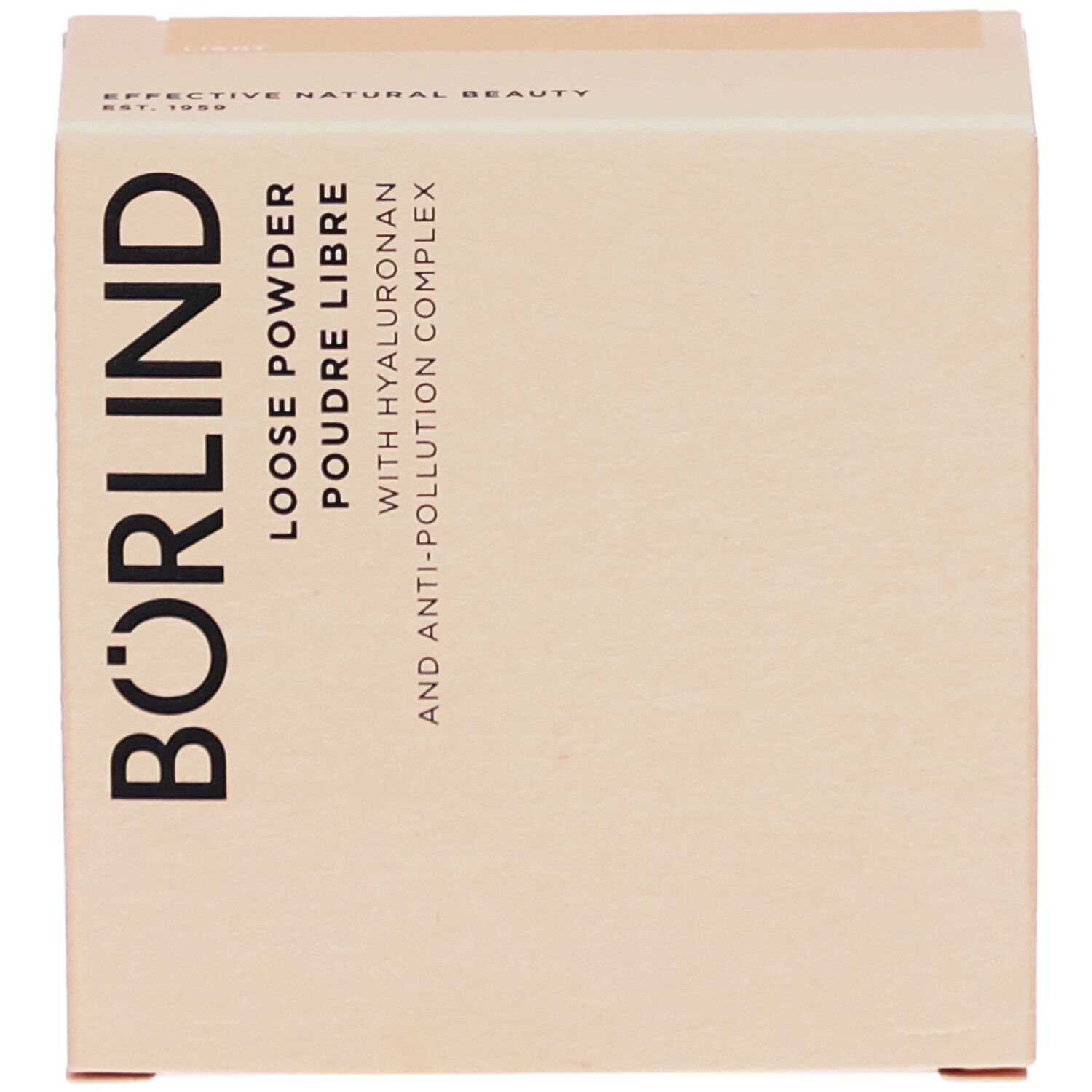 Karton mit Aufschrift BÖRLIND, LOOSE POWDER, POUDRE LIBRE, mit Hyaluron und Anti-Pollution Complex. Beige Farbton.