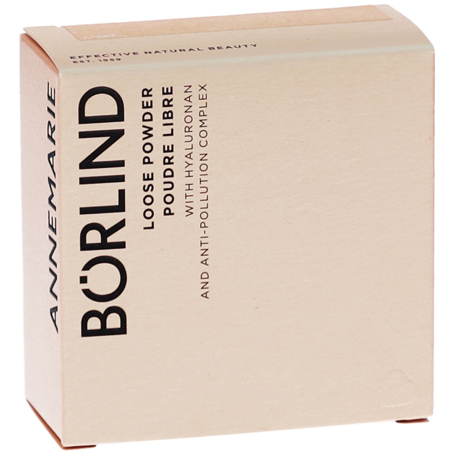 Karton mit Aufschrift ANNEMARIE BÖRLIND, LOOSE POWDER, POUDRE LIBRE, mit Hyaluron und Anti-Pollution Complex. Beige.