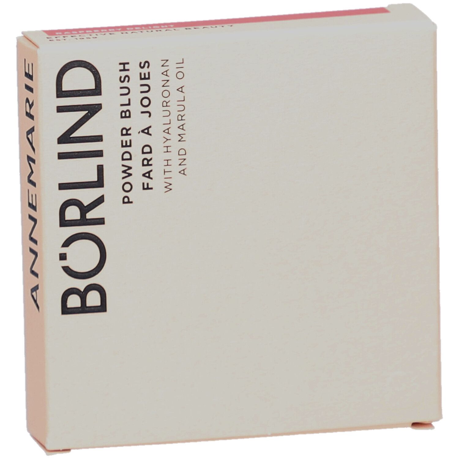 Kartonverpackung, leicht schräg. Aufschrift: ANNEMARIE BÖRLIND, Powder Blush, Fard à Joues, mit Hyaluron und Marulaöl.
