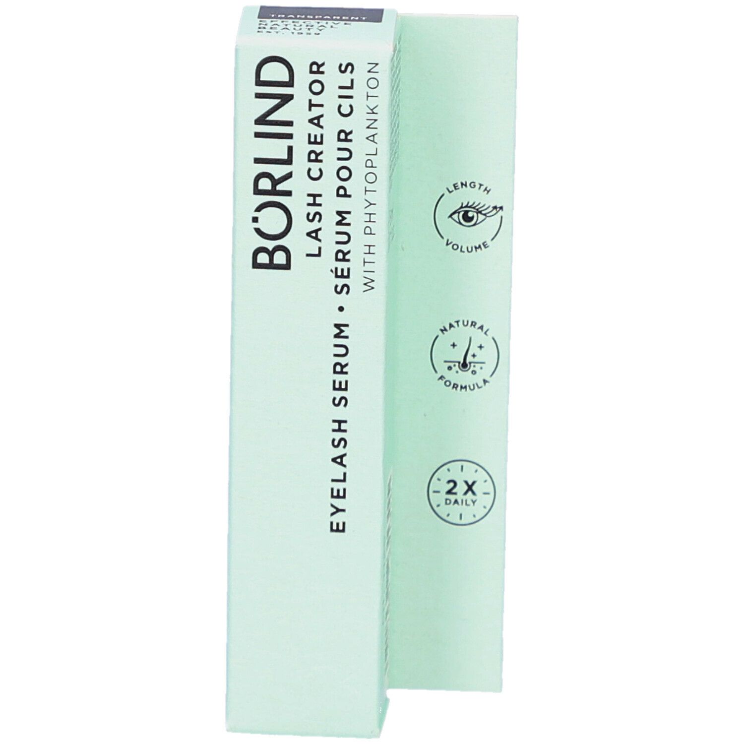 BÖRLIND Eyelash Serum, Verpackung. Hellgrüne Schachtel mit Produktnamen und Logos. Enthält 5ml.