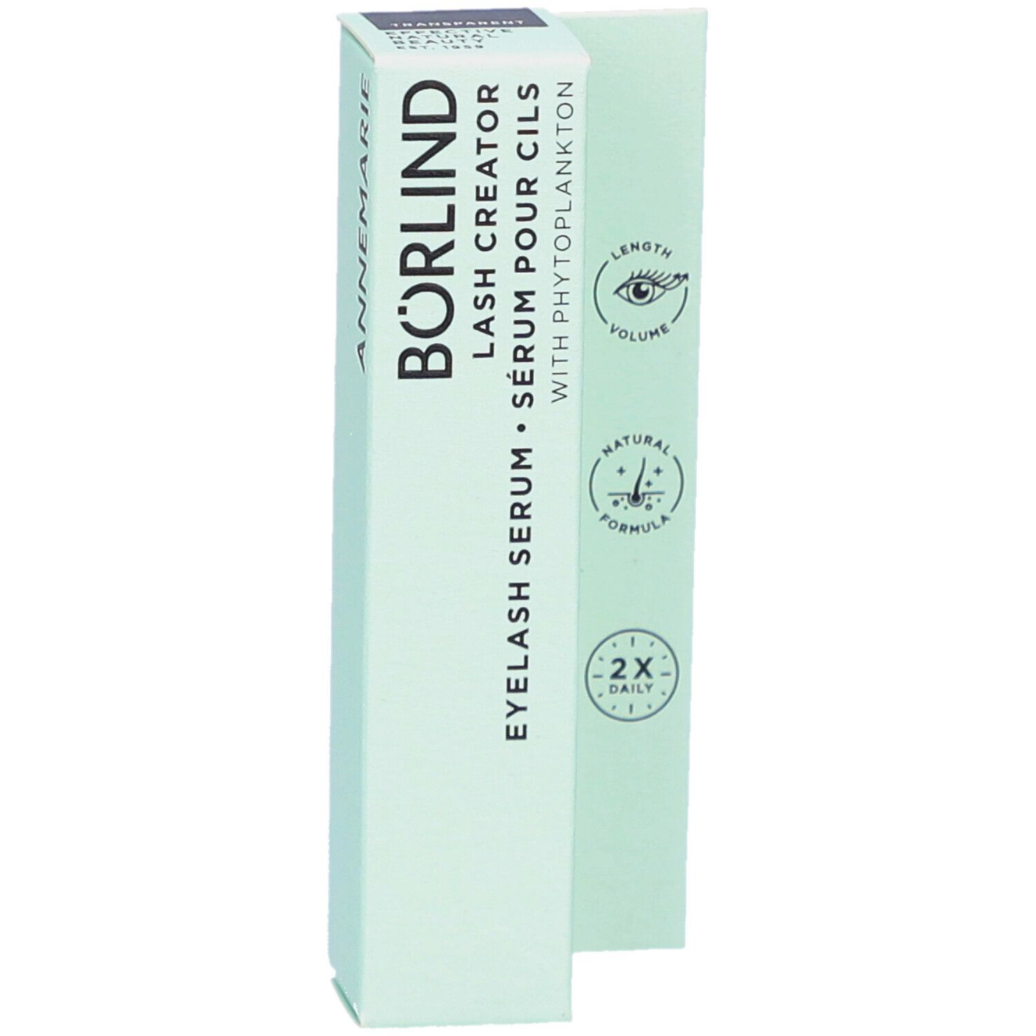 BÖRLIND Eyelash Serum, Verpackung. Hellgrüne Schachtel mit Produktnamen und Logos. Marke: Annemarie Börlind.