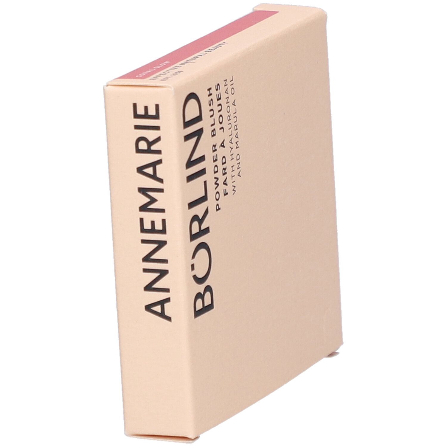 Kartonverpackung mit Schriftzug ANNEMARIE BÖRLIND. Aufschrift: Powder Blush, Fard à Joues, mit Hyaluronan und Marulaöl. Beige und rosa.