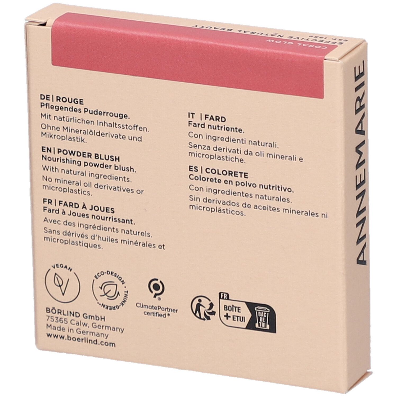 Rückseite der Kartonverpackung. Text in Deutsch, Englisch, Französisch, Italienisch und Spanisch. Logos: Vegan, Eco-Design, ClimatePartner.