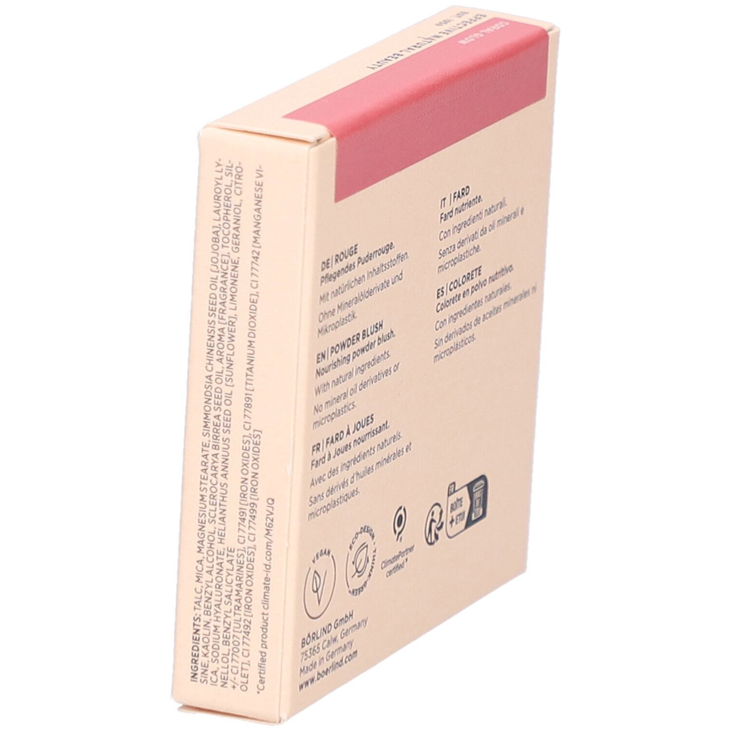 Kartonverpackung mit Inhaltsstoffen und Text in Deutsch, Englisch, Französisch, Italienisch und Spanisch. Logos: Vegan, Eco-Design, ClimatePartner.