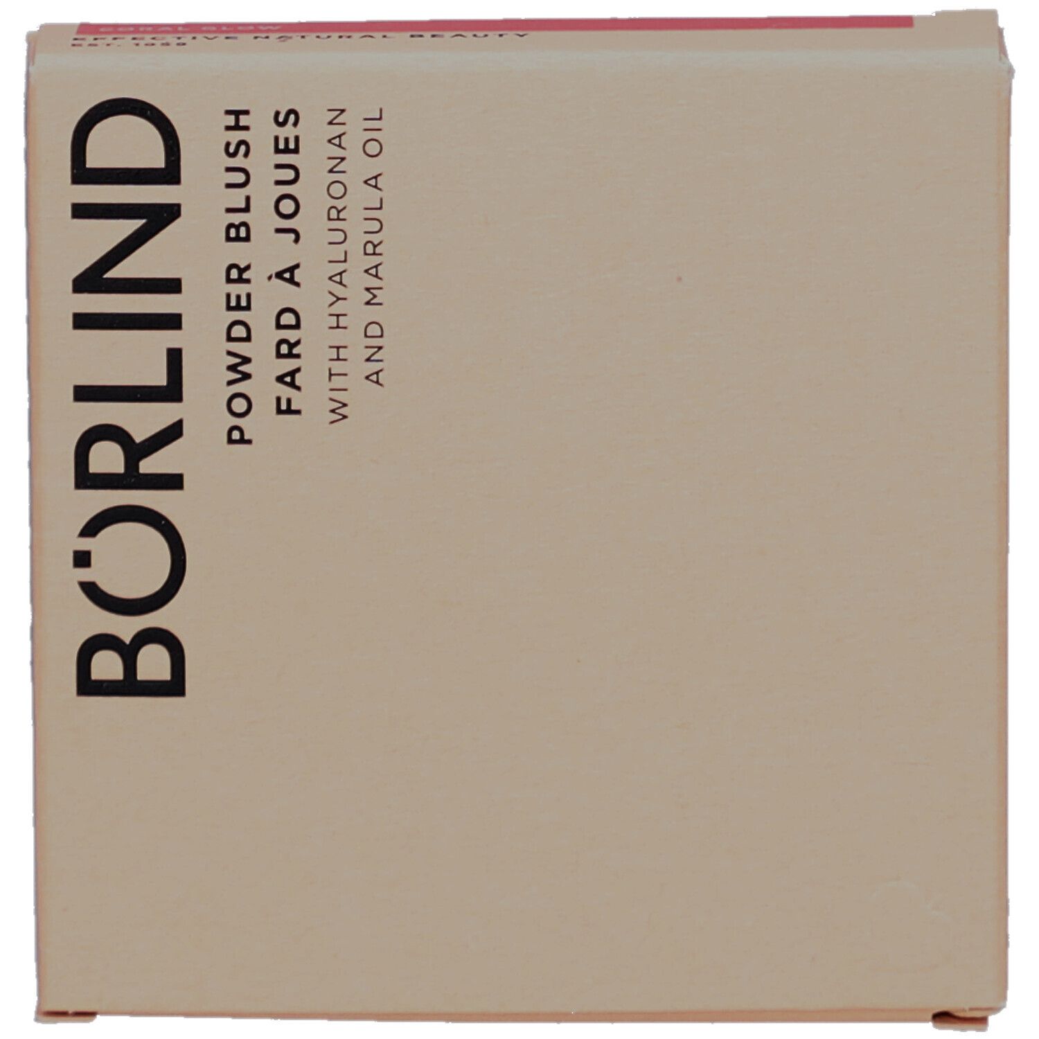 Kartonverpackung mit Schriftzug BÖRLIND. Aufschrift: Powder Blush, Fard à Joues, mit Hyaluronan und Marulaöl. Beige und rosa.