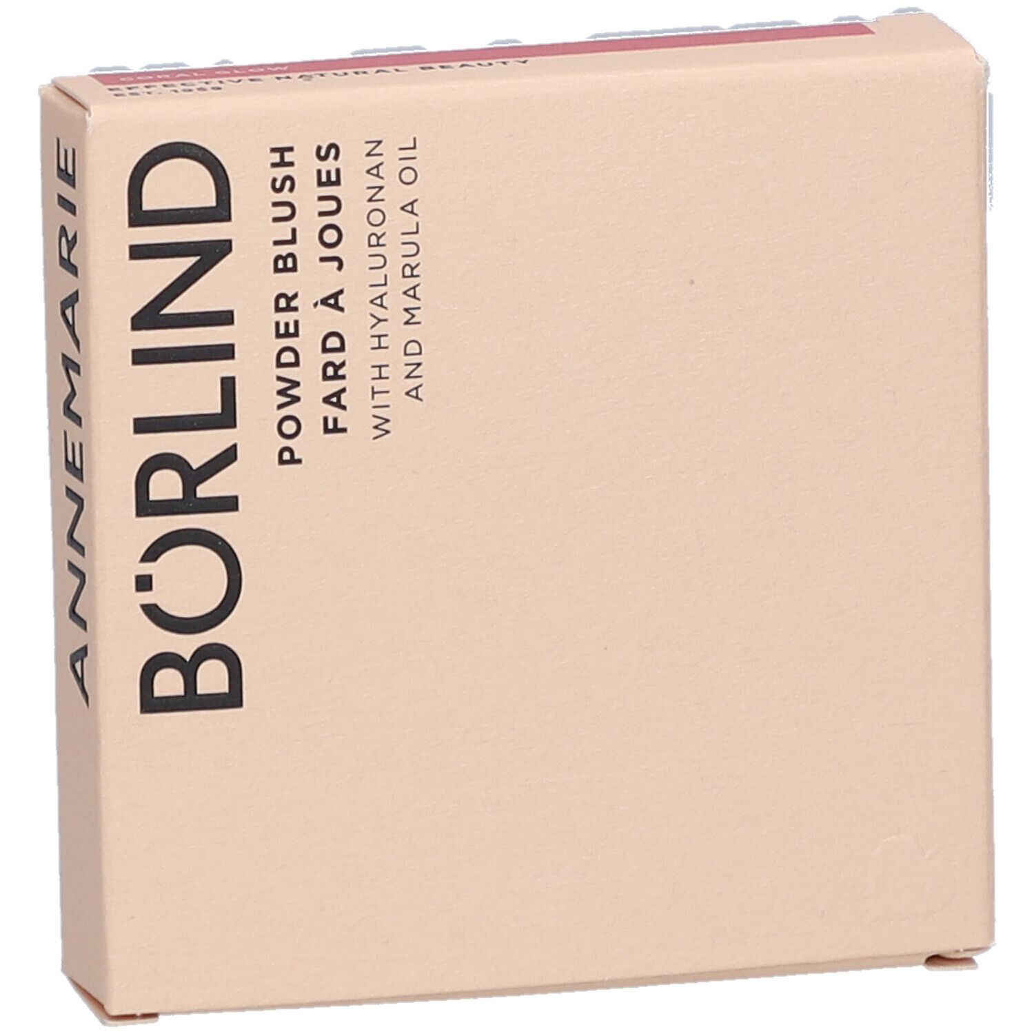Kartonverpackung mit Schriftzug ANNEMARIE BÖRLIND. Aufschrift: Powder Blush, Fard à Joues, mit Hyaluronan und Marulaöl. Beige und rosa.