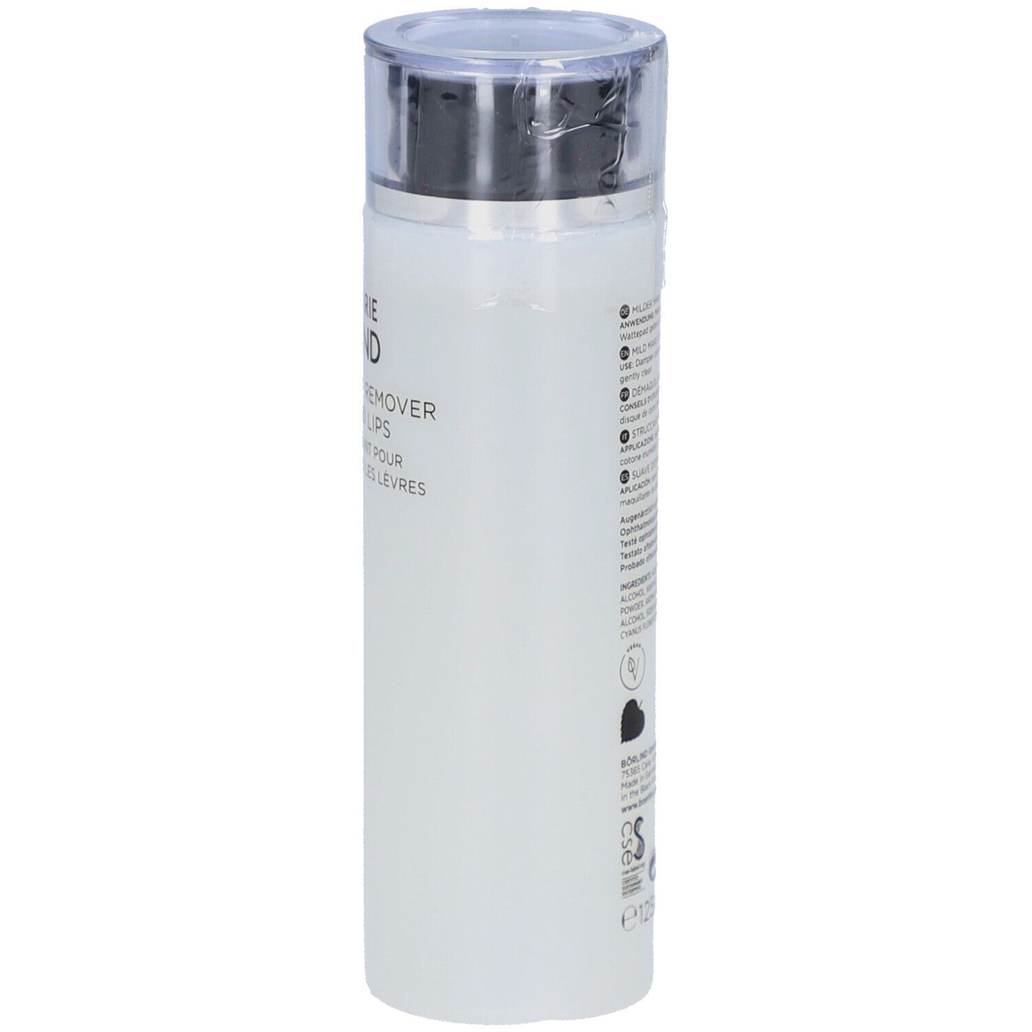 Weißliche Flasche mit silbernem Deckel. Text auf der Seite. Produktname nicht vollständig sichtbar.