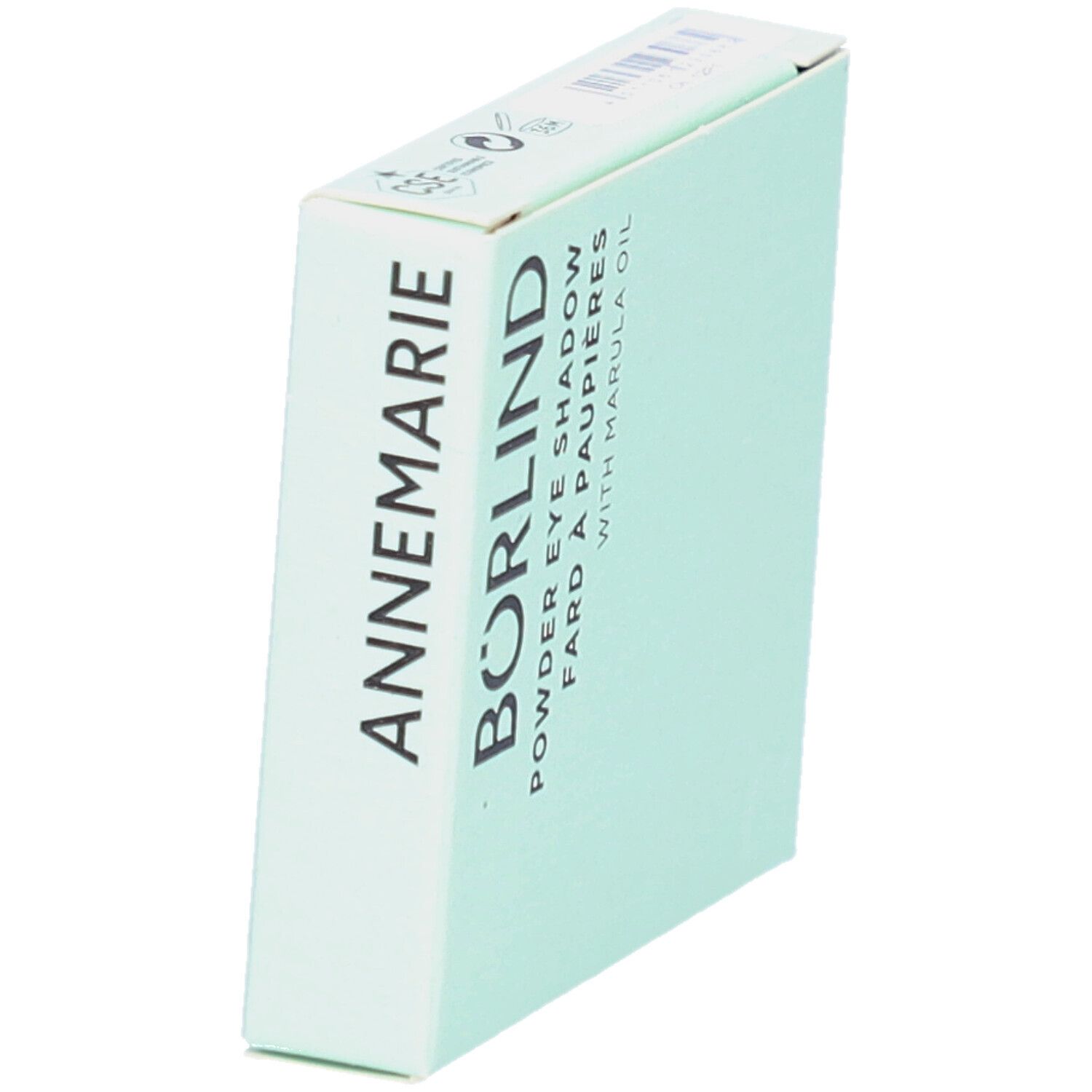 Hellgrüne Verpackung mit Schriftzug ANNEMARIE BÖRLIND. Produktbezeichnung: Powder Eye Shadow. Eckige Form.