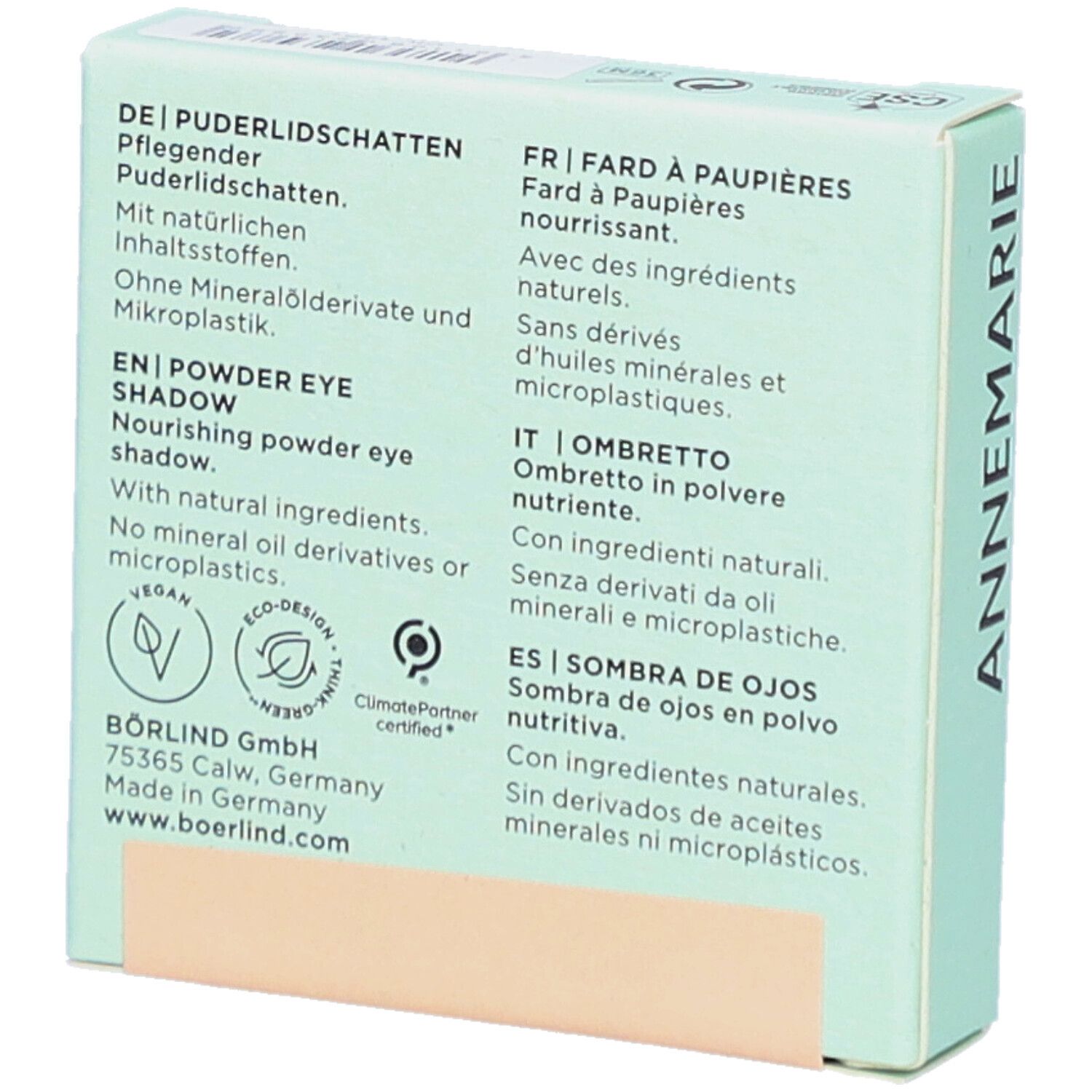 Rückseite der Verpackung. Text in Deutsch, Französisch, Englisch, Italienisch und Spanisch. Vegan-Logo. Eco-Design-Logo.