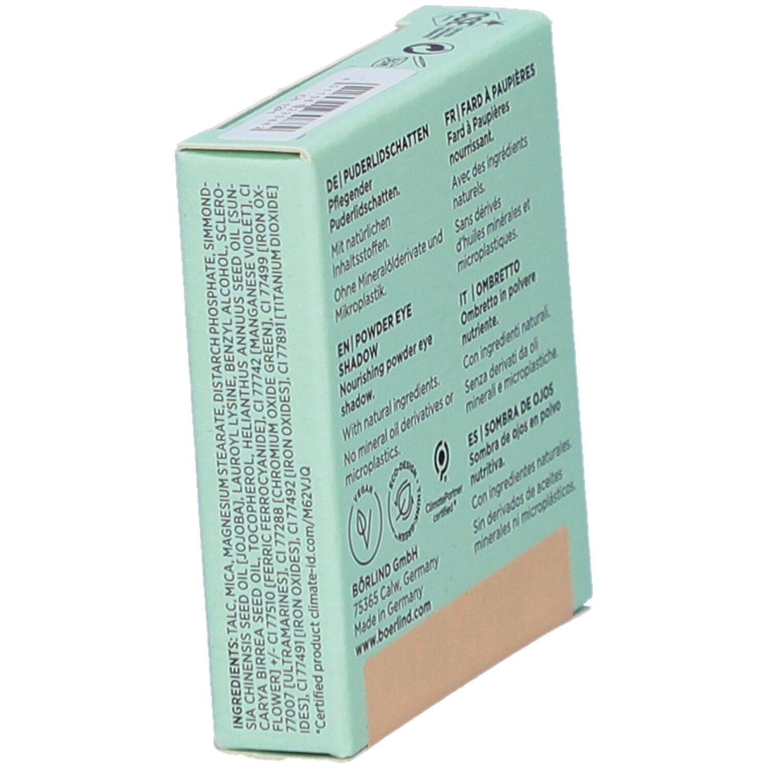 Rückseite der Verpackung. Inhaltsstoffe, Text in Deutsch, Französisch, Englisch, Italienisch und Spanisch. Vegan-Logo.