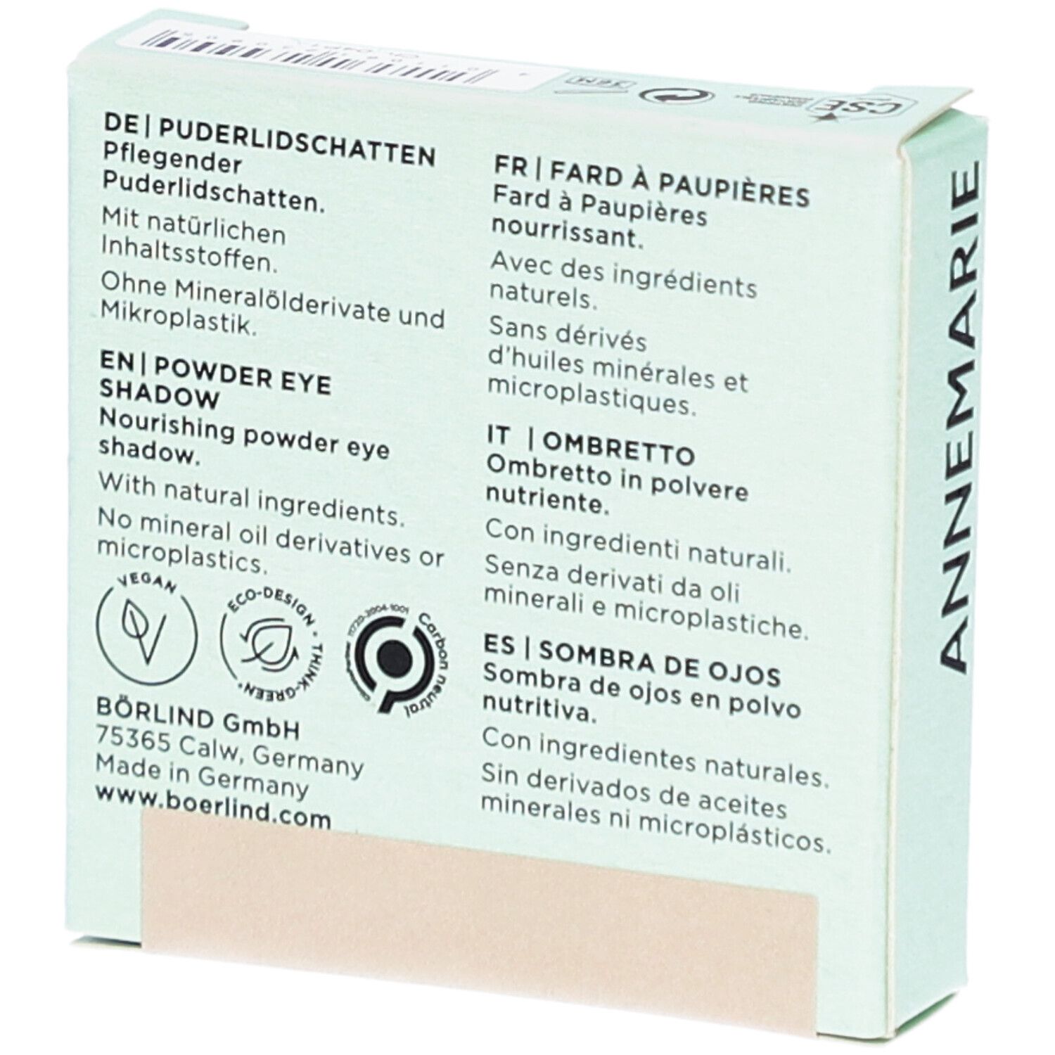 Rückseite der Verpackung. Text in Deutsch, Englisch, Französisch, Italienisch und Spanisch. Logos und Adresse.