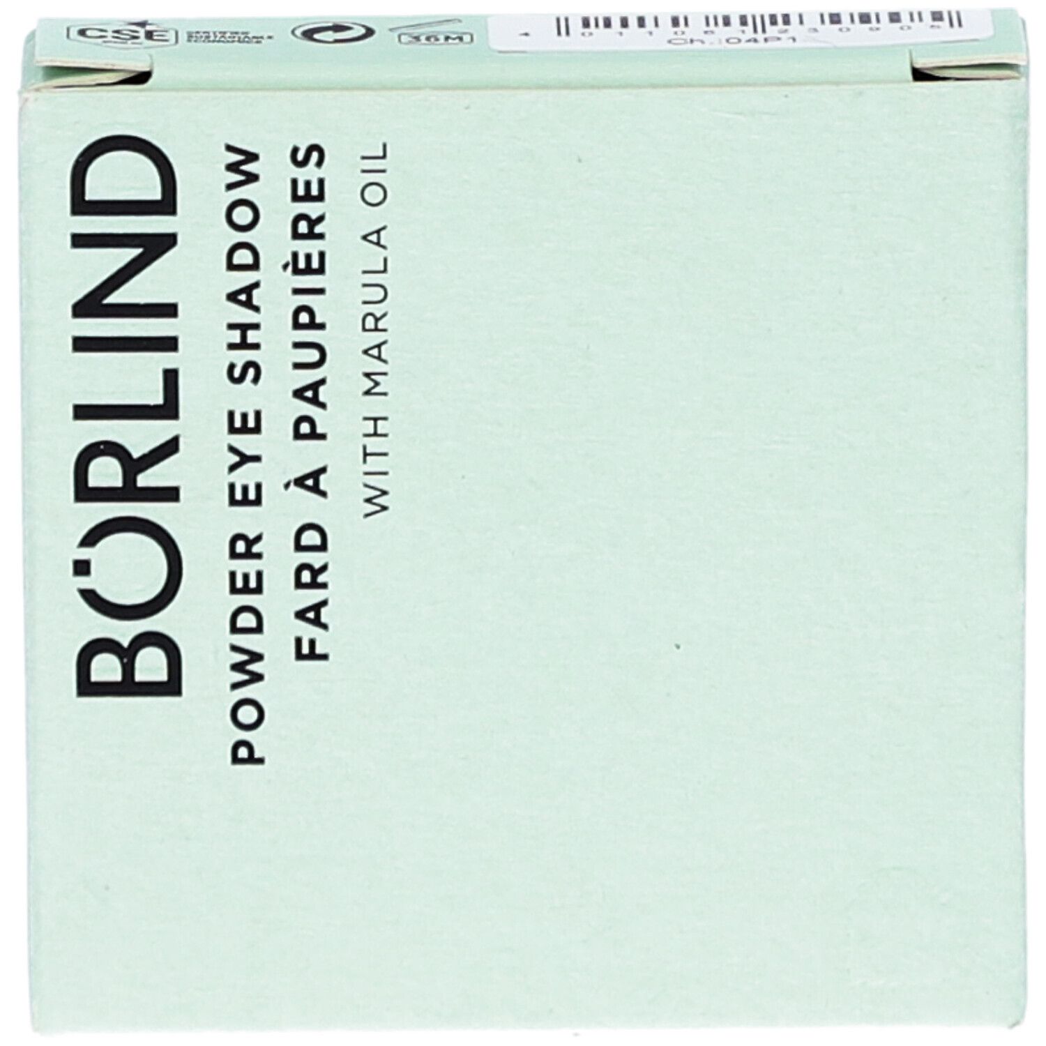 Hellgrüne Verpackung. Schriftzug BÖRLIND, Puderlidschatten, Fard à paupières, with Marula Oil. Draufsicht.