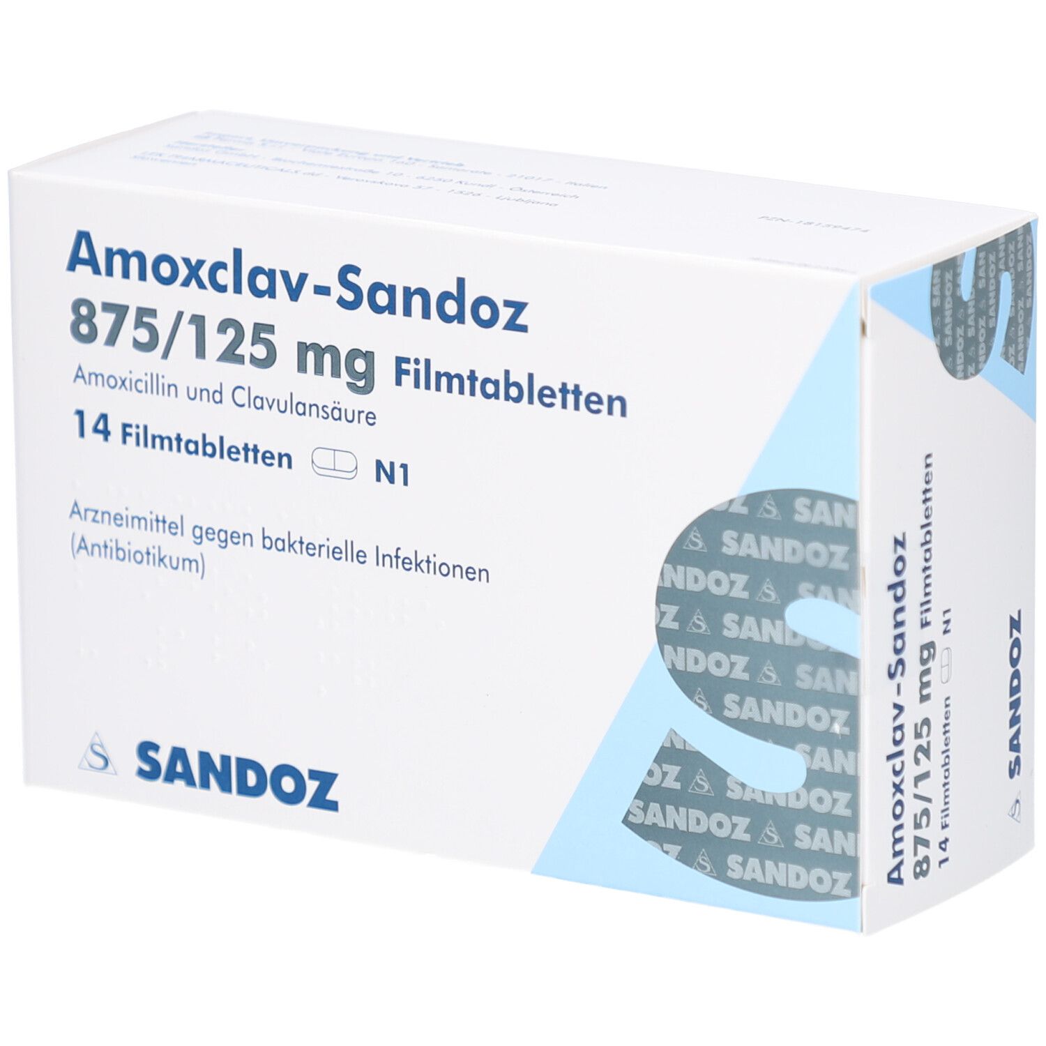 Schachtel mit "Amoxclav-Sandoz 875/125 mg Filmtabletten". 14 Tabletten. Sandoz-Logo.