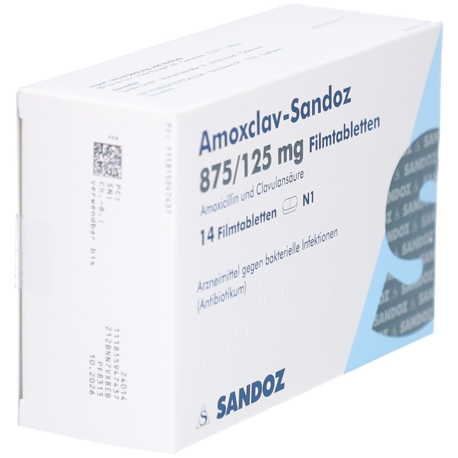 Schachtel "Amoxclav-Sandoz 875/125 mg Filmtabletten". 14 Tabletten. Barcode und Text.