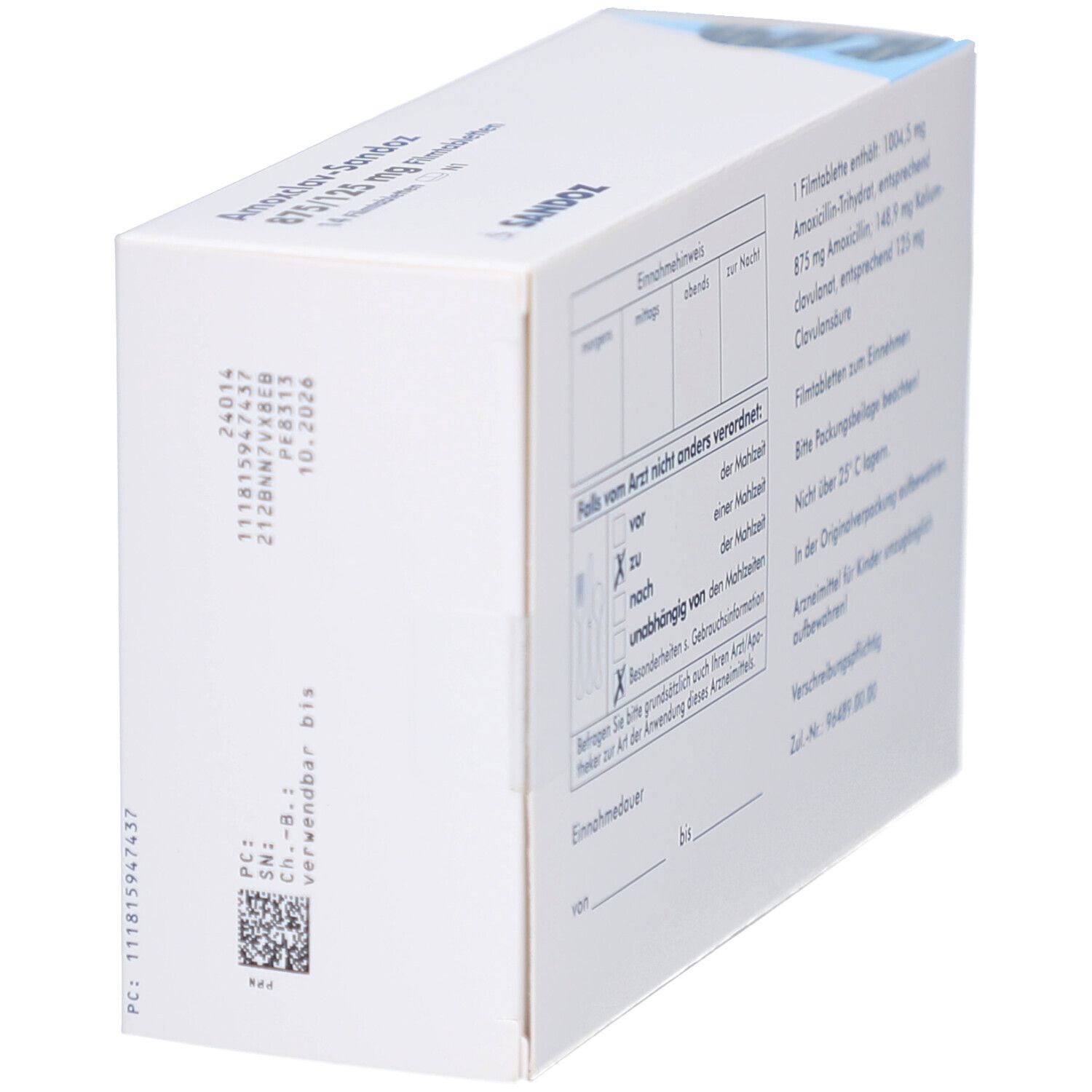 Schachtel "Amoxclav-Sandoz" von der Seite. Text und Barcode sichtbar.