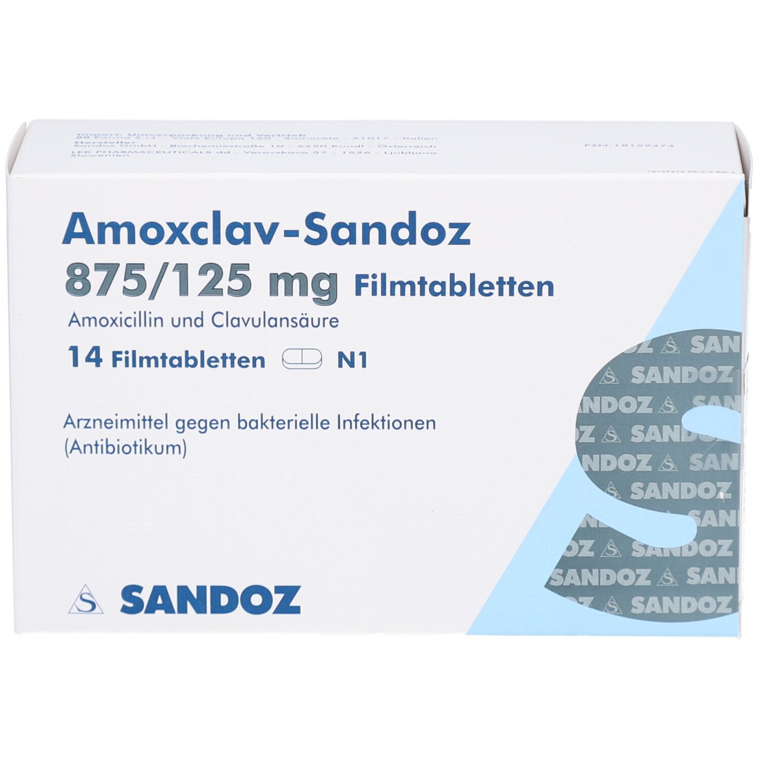 Schachtel "Amoxclav-Sandoz 875/125 mg Filmtabletten". 14 Tabletten. Sandoz-Logo.