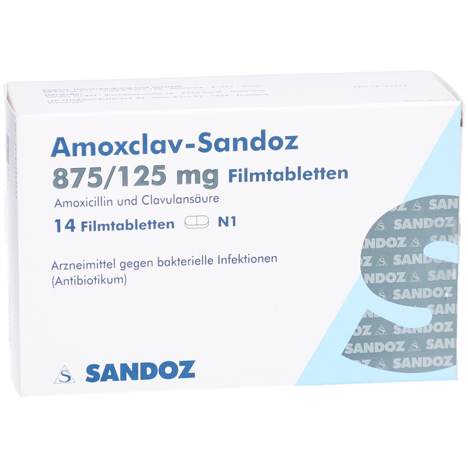 Schachtel "Amoxclav-Sandoz 875/125 mg Filmtabletten". 14 Tabletten. Sandoz-Logo.