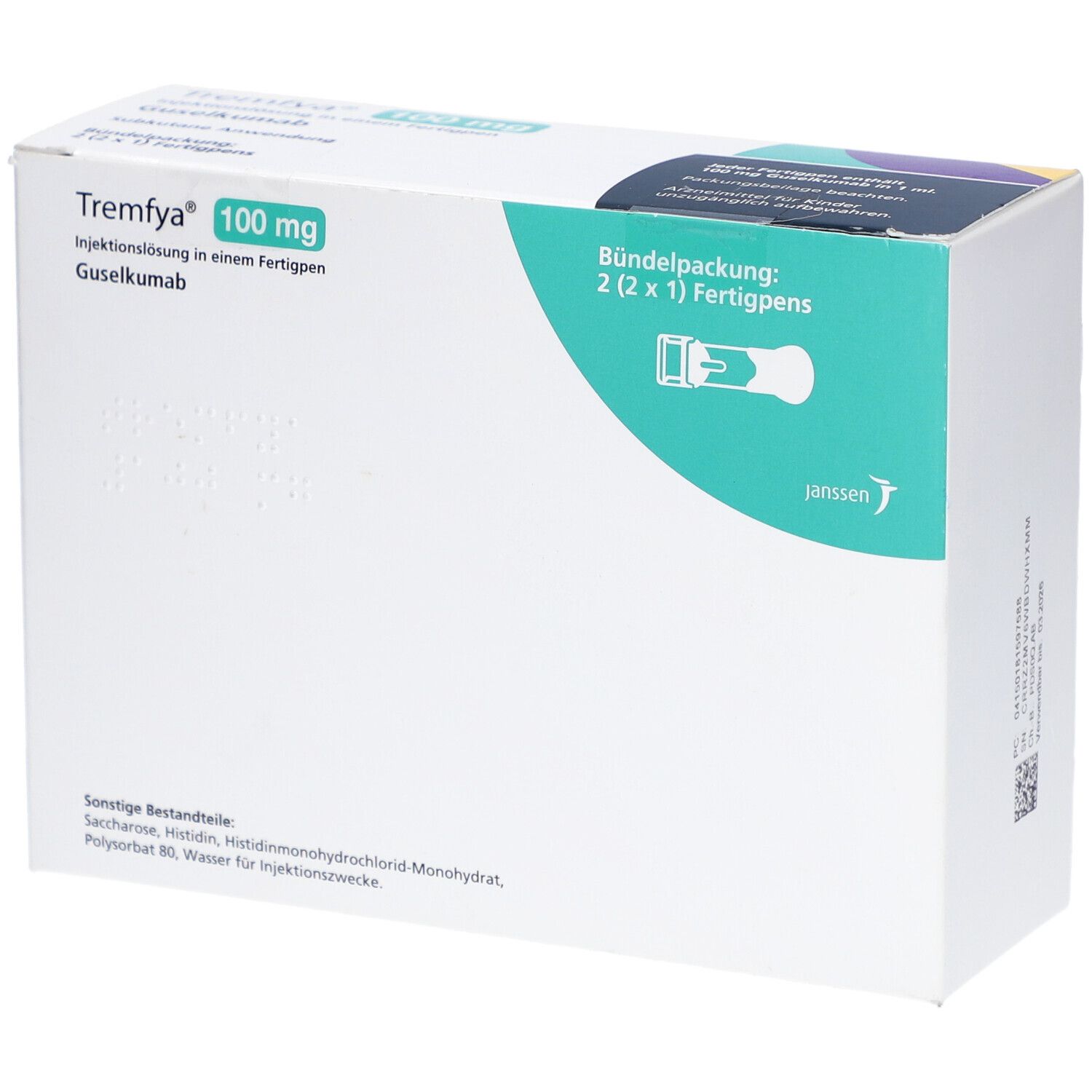 Weiße Verpackung mit Produktinformationen. Aufschrift: Tremfya 100 mg Injektionslösung in einem Fertigpen. Janssen-Logo.