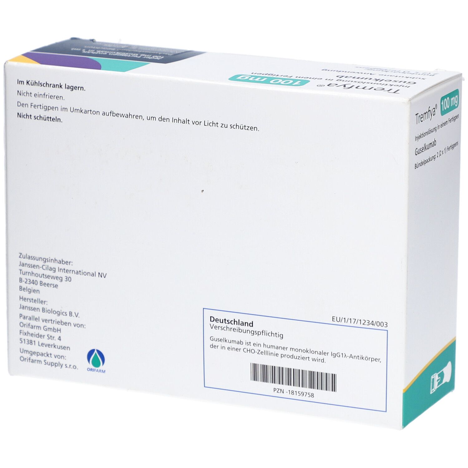 Rückseite der weißen Verpackung. Informationen zu Hersteller, Inhaltsstoffen und Lagerung. Text in Deutsch.