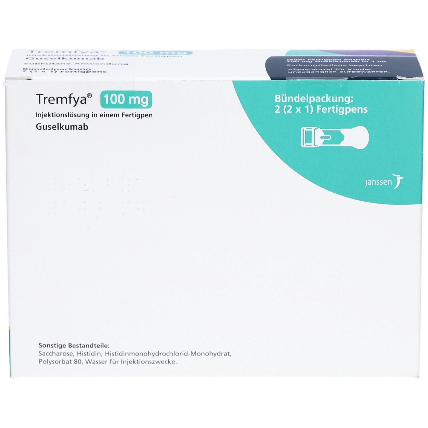 Weiße Verpackung mit Produktinformationen. Aufschrift: Tremfya 100 mg Injektionslösung in einem Fertigpen. Janssen-Logo.