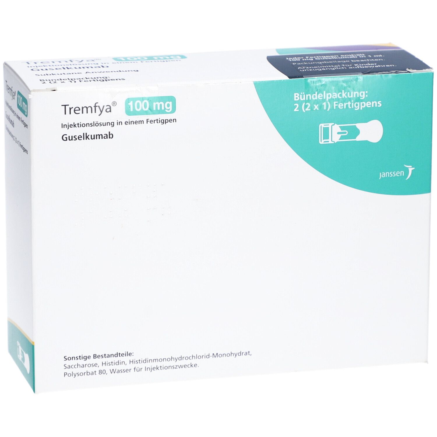 Weiße Verpackung mit Produktinformationen. Aufschrift: Tremfya 100 mg Injektionslösung in einem Fertigpen. Janssen-Logo.