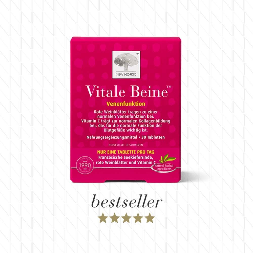Rote Vitale Beine™ Venenfunktion Packung. Bestseller-Label. Logo und Text.