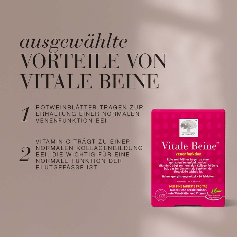 Vitale Beine™ Packung mit Text. Vorteile: Venenfunktion, Vitamin C. Rote Verpackung.