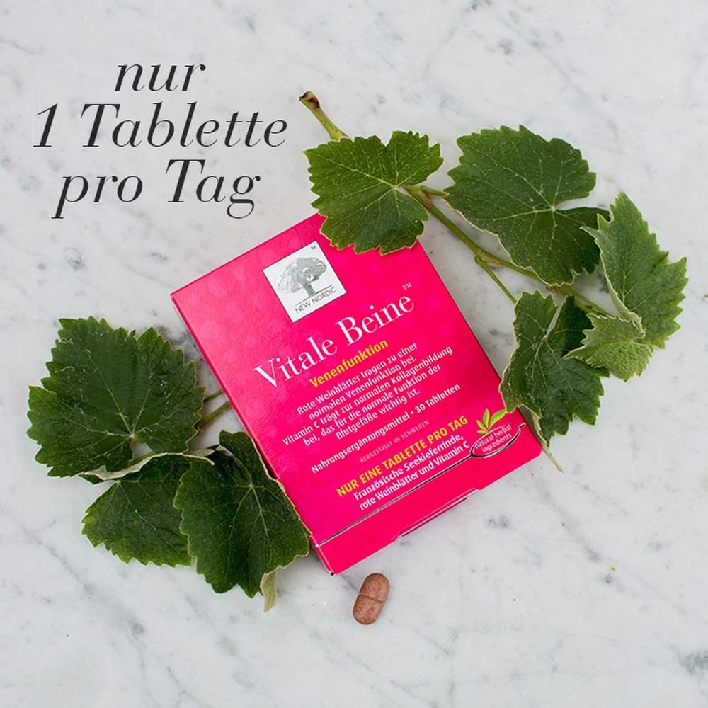 Vitale Beine™ Packung mit Blättern und Tablette. Rote Verpackung, 1 Tablette pro Tag.