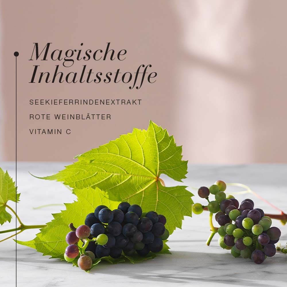 Inhaltsstoffe: Extrakt, Weinblätter, Vitamin C. Blätter, Trauben. Auf Marmor.