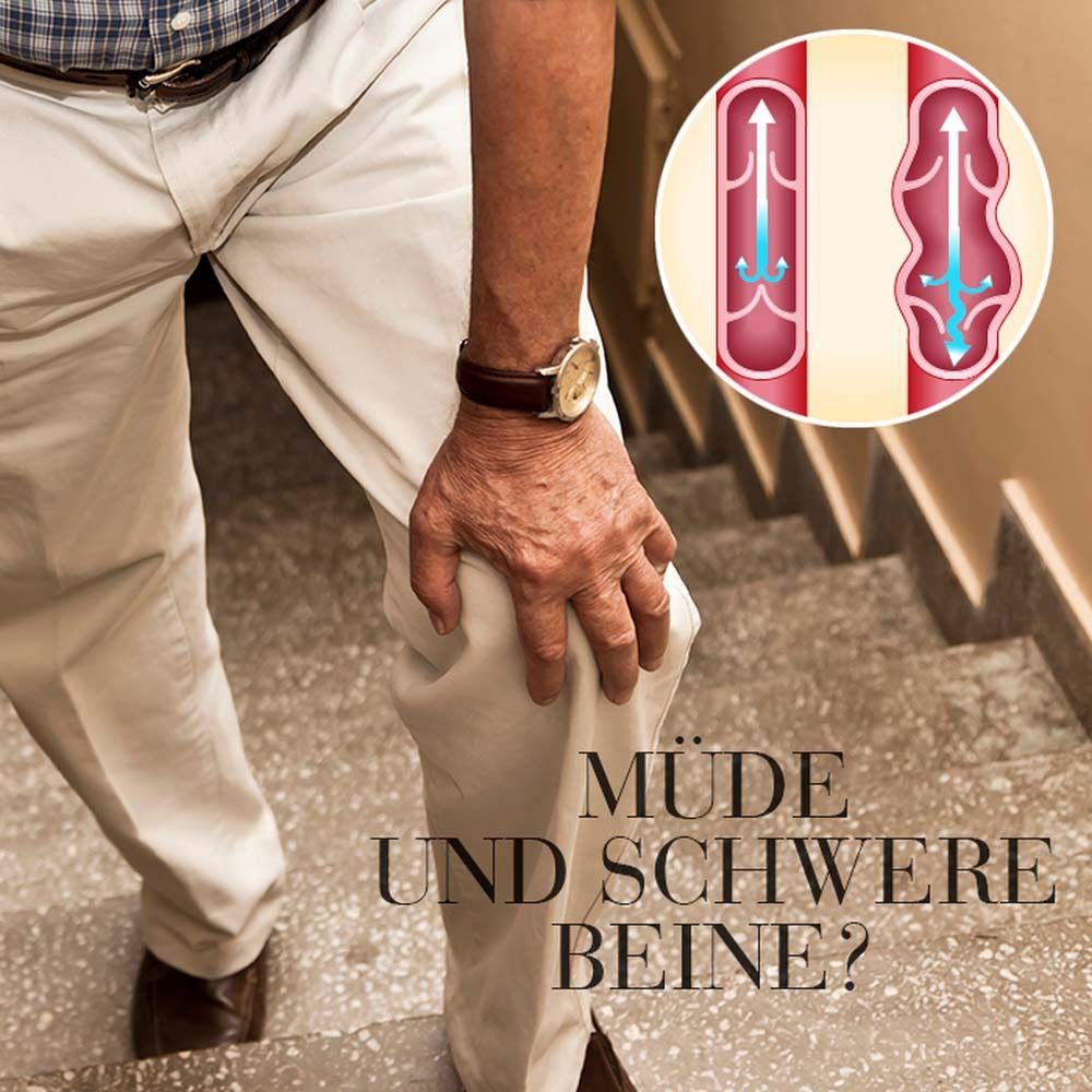 Mann auf Treppe. Text: Müde und schwere Beine? Illustration von Venen.