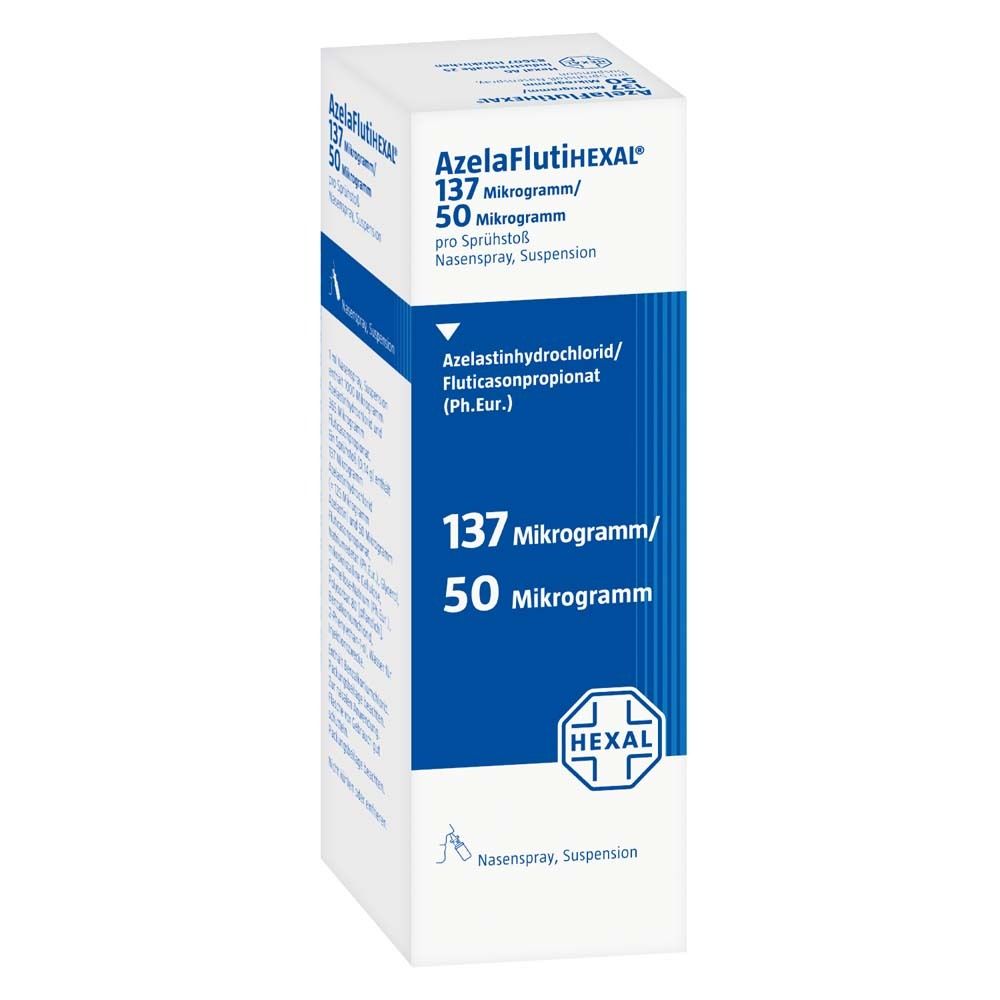Schachtel mit Produktinformationen. Aufschrift: AzelaFlutiHEXAL 137/50 Mikrogramm. Nasenspray, Suspension. HEXAL Logo.